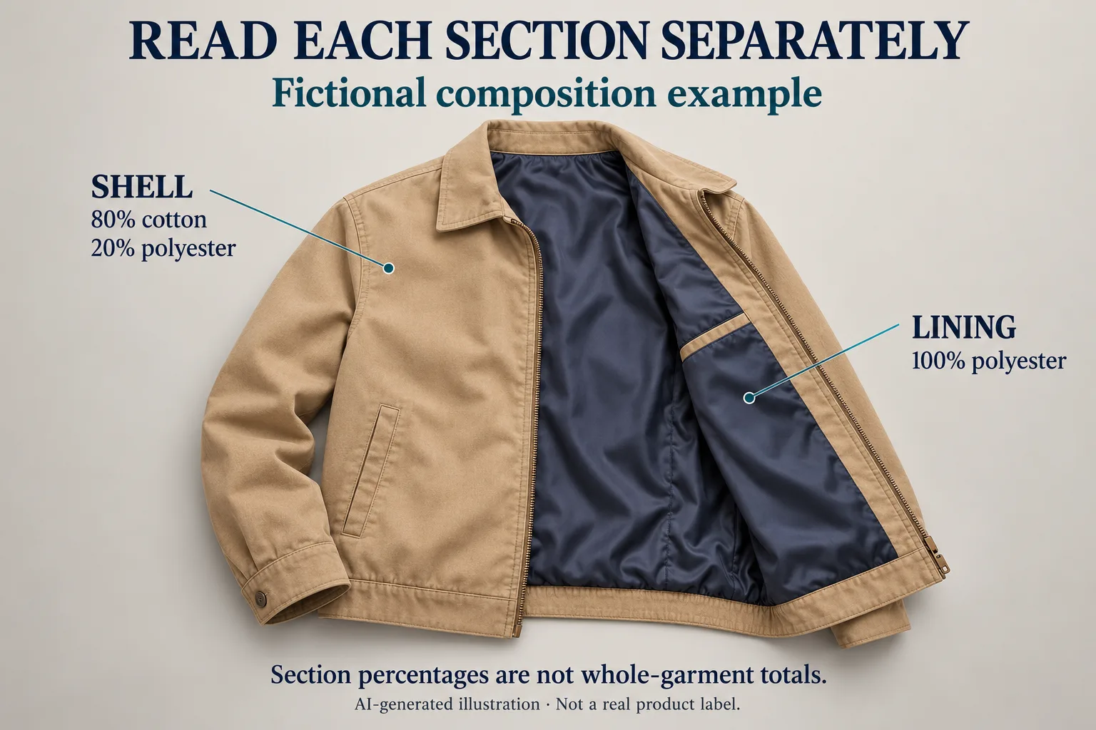 Fictional jacket example with separate callouts for a shell of 80% cotton and 20% polyester and a lining of 100% polyester.
