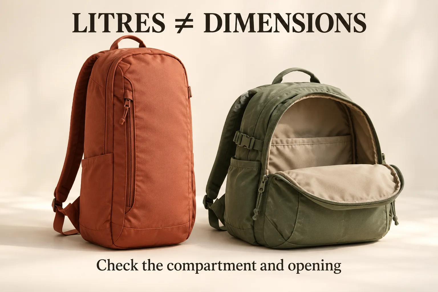 Illustrative backpacks with different shapes, one open to show its compartment; check dimensions and openings separately from capacity.