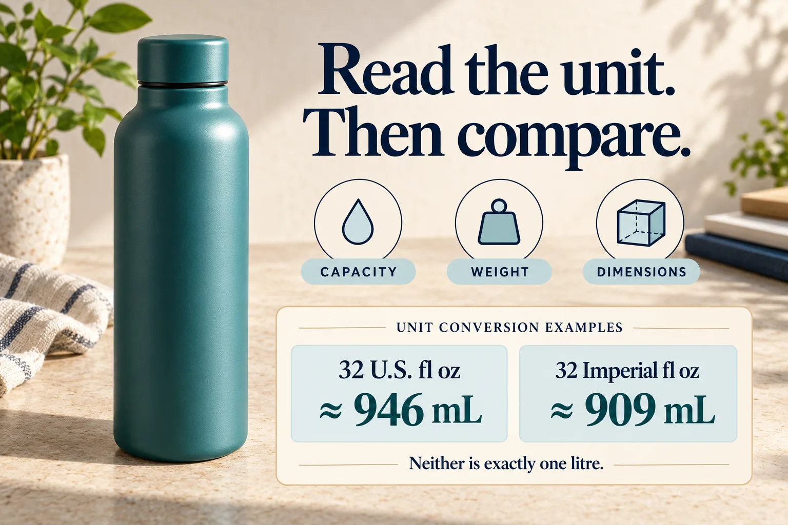 An illustrative teal bottle beside capacity, weight and dimensions labels; cards show 32 U.S. fluid ounces as about 946 millilitres and 32 Imperial fluid ounces as about 909 millilitres.