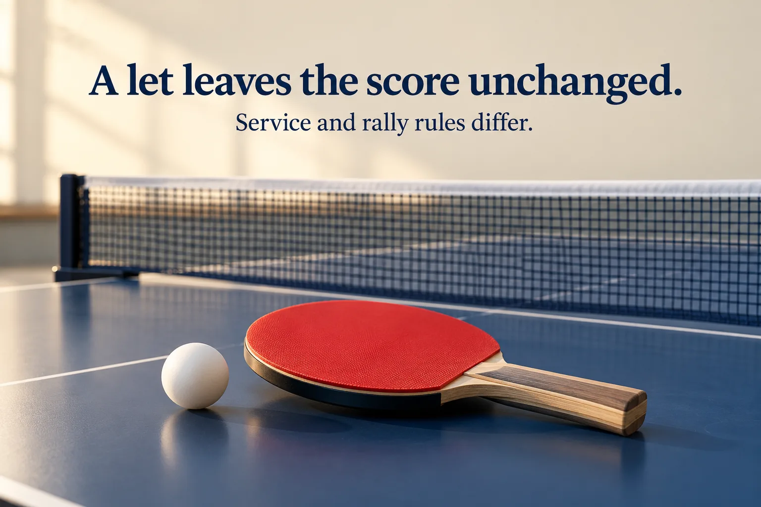 A generic red table-tennis bat and stationary white ball beside a net, with the reminder that a let leaves the score unchanged and service and rally rules differ.