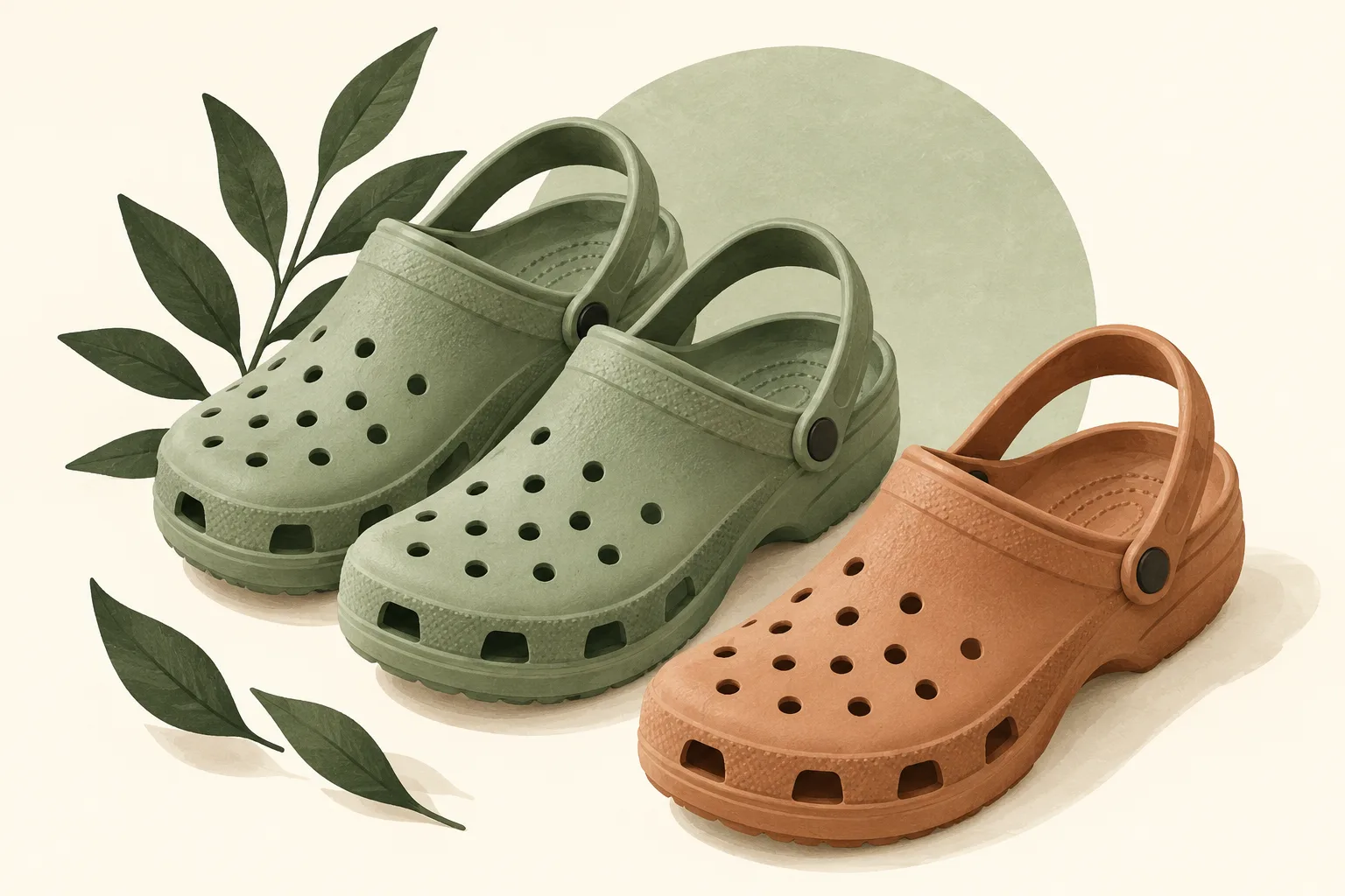 Editorial illustration of sage-green and terracotta foam clogs with heel straps and ventilation holes.