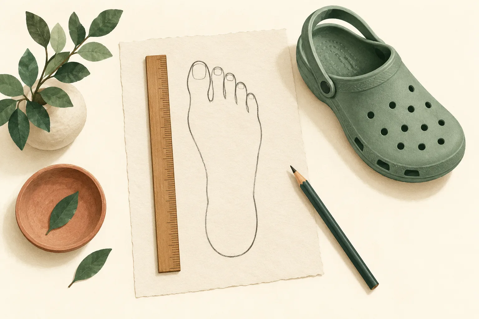 Illustration of a foot outline on paper beside an unnumbered ruler, pencil and green foam clog; not a scale drawing.