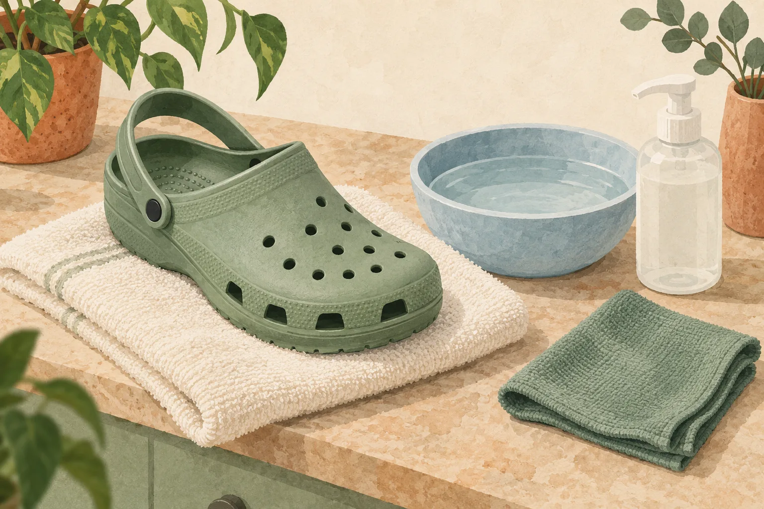 Illustration of a green foam clog on a towel beside a bowl of water, an unlabelled soap bottle and a soft cleaning cloth.