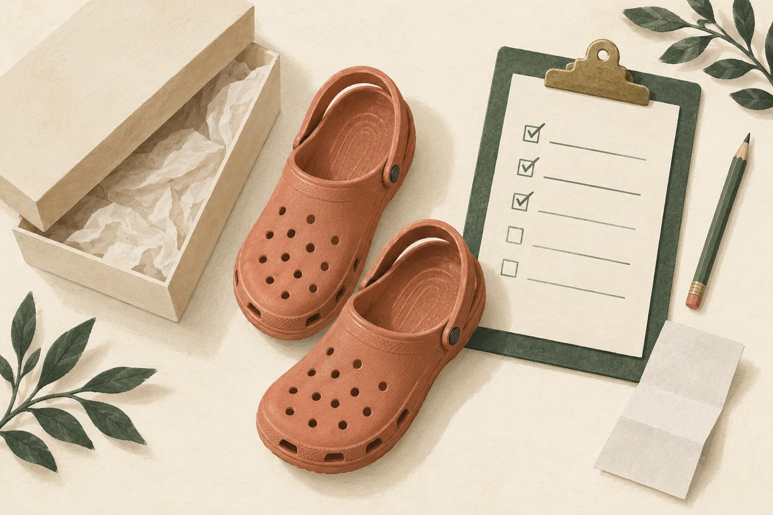 Illustration of terracotta foam clogs beside an open plain shoe box, a checklist, pencil and blank receipt.