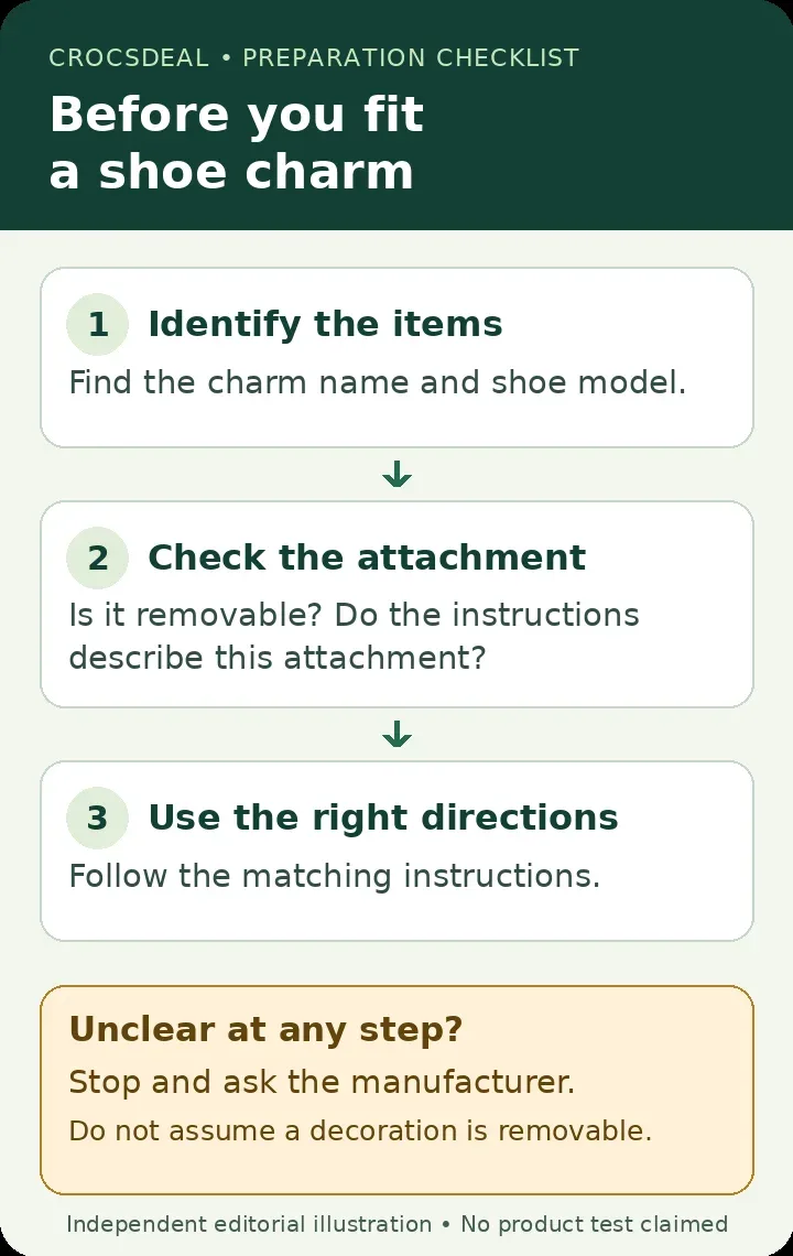 Preparation sequence: identify the charm and shoe, confirm that the charm is removable and the instructions match, then follow those instructions. If any check is unclear, stop and ask the manufacturer.